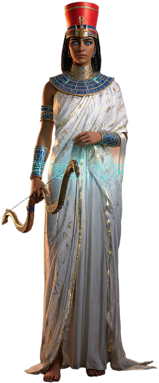 Neith, a living goddess in the red crown of Lower Egypt, gold and lapis collar, holding a golden bow