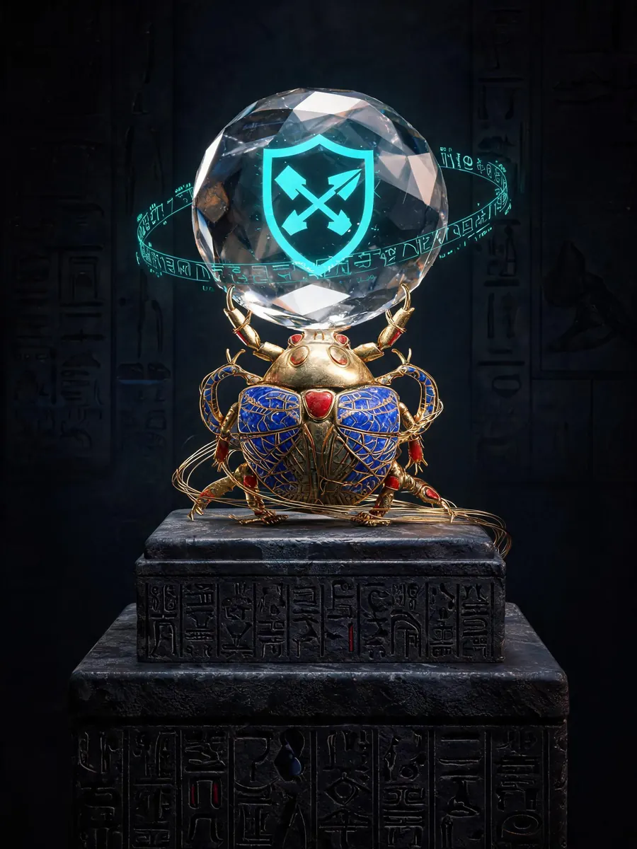 A golden scarab relic holding a crystal with the crossed arrows of Neith